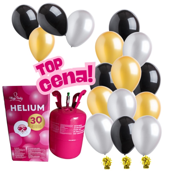 Helium s bal�nky 18 ks (6 zlat�ch, 6 �ern�ch, 6 st��brn�ch) 3 zlat� t��tka