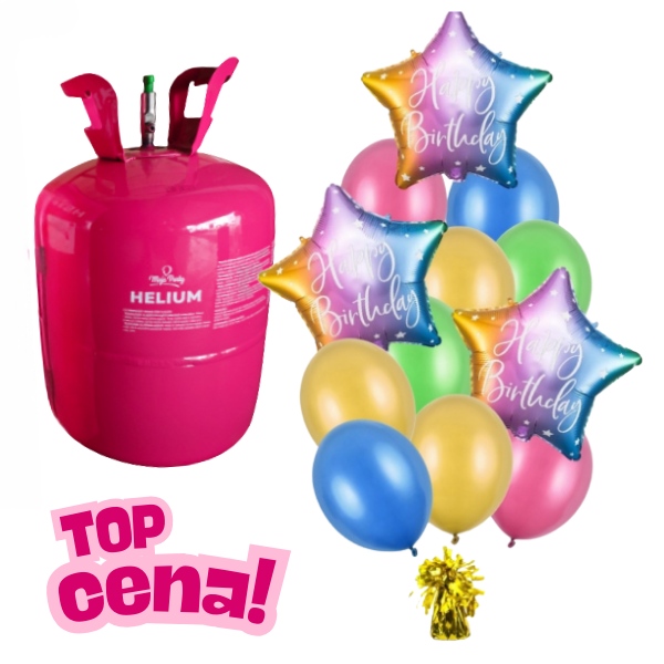Helium s bal�nky - helium + 3x folie HB duha, 9 bal�nk� duhov� mix, t��tko