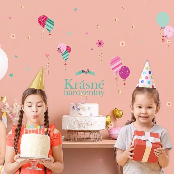 N�lepky na ze� -  Kr�sn� narozeniny bal�nky r��ov� 45 x 65 cm