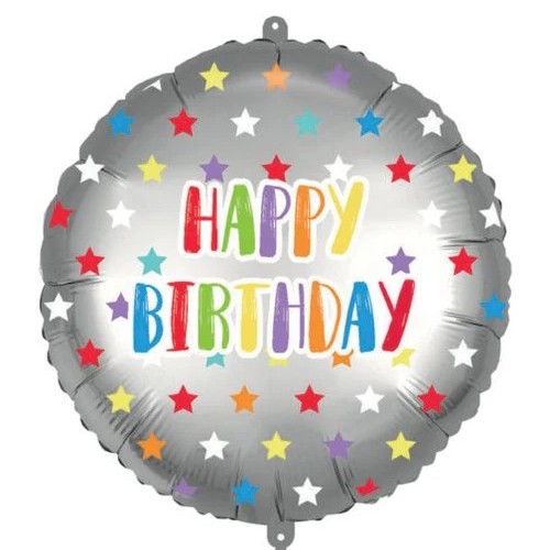 Bal�nek f�liov� Happy Birthday st��brn� s barevn�mi hv�zdami 46 cm