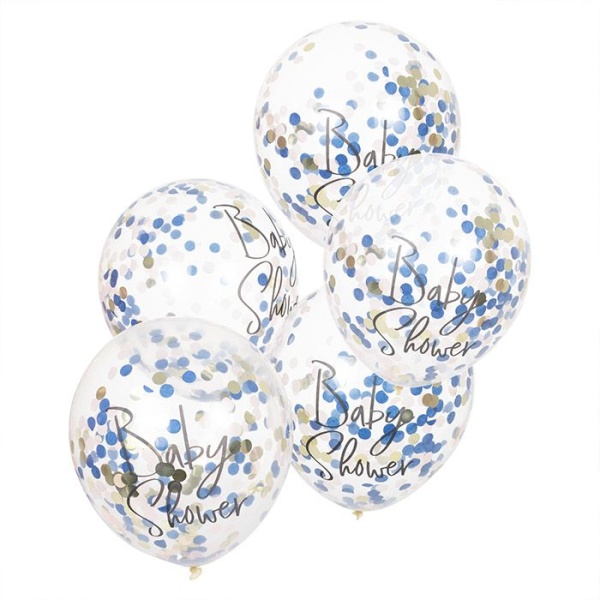 Bal�nky latexov� Baby Shower transparentn� s modr�mi a r��ov�mi konfetami 5 ks