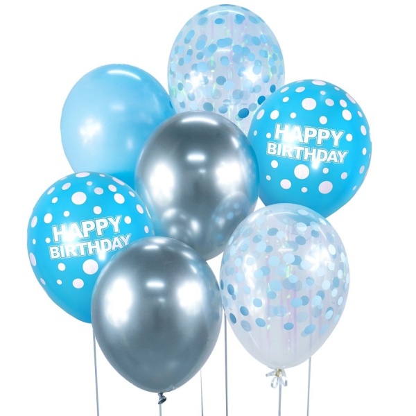Bal�nky latexov� Happy Birthday st��brn�/modr� s punt�ky 30 cm 7 ks