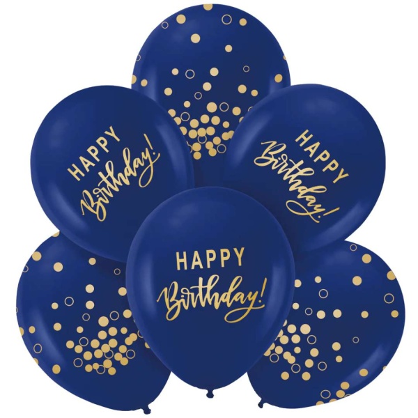 Bal�nky latexov� Happy Birthday tmav� modr�/zlat� 30 cm 6 ks