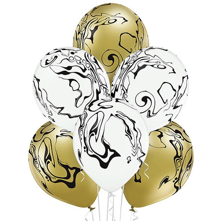 Bal�nky latexov� �ern� mramor b�lo zlat� 30 cm 6 ks