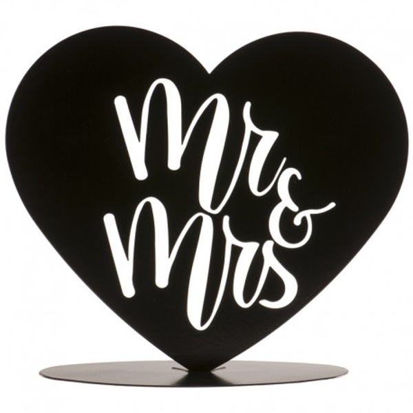 Dekorace na dort Srdce �ern� metalick� Mr & Mrs 14,5 cm
