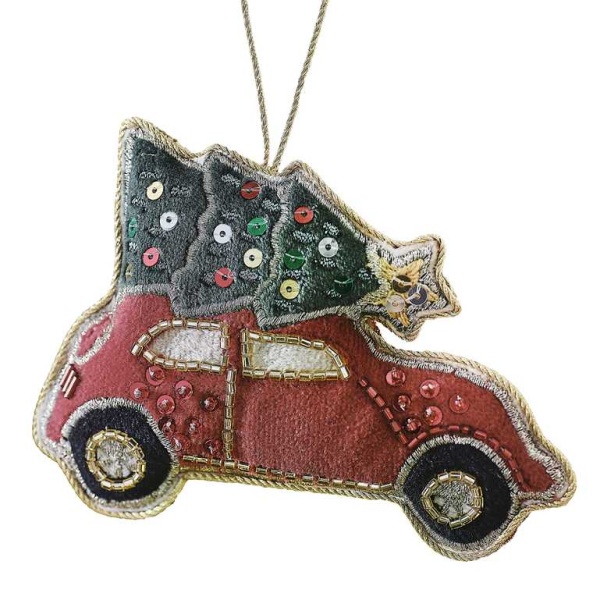 Dekorace z�v�sn� ozdoba V�no�n� auto vy��van� 6 x 10,2 cm 1 ks
