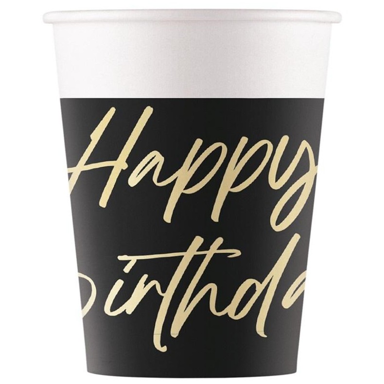 Kel�mky pap�rov� Elegant Happy Birthday, �ern� 8ks 200ml