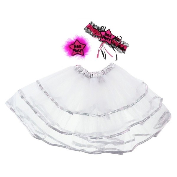 Set Hen Party,b�l� (sukn�, podvazek, bro�)
