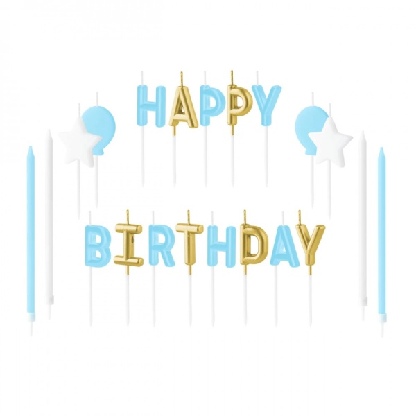 Sv��ky dortov� Happy Birthday p�smena modr�/zlat�