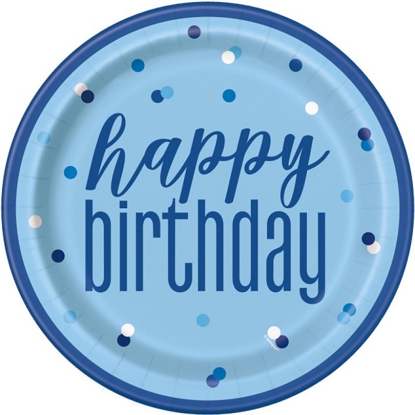 Tal��e pap�rov� Happy Birthday modr� punt�ky 23 cm 8 ks