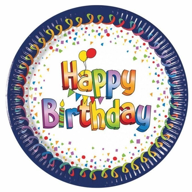 Tal��ky pap�rov� Happy Birthday modr� okraje 23 cm 8 ks