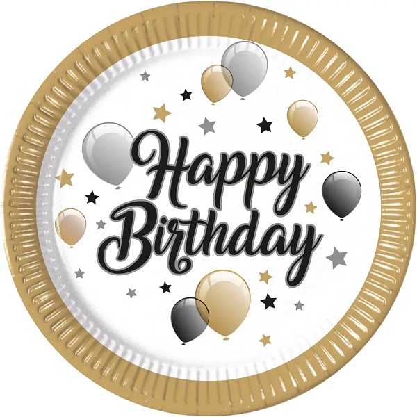 Tal��ky pap�rov� Happy Birthday zlat� okraje 23 cm 8 ks