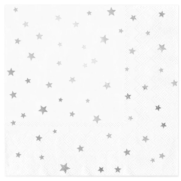 Ubrousky pap�rov� b�l� se st��brn�mi hv�zdami 33 x 33 cm 10 ks
