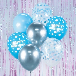 Bal�nky latexov� Happy Birthday st��brn�/modr� s punt�ky 30 cm 7 ks