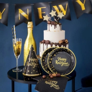 �epice pap�rov� Happy New Year �erno-zlat� 21 cm 6 ks