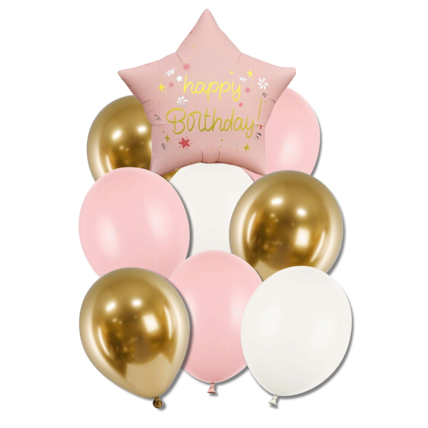 Bal�nkov� buket - Happy birthday, r��ovo-zlat� 9ks