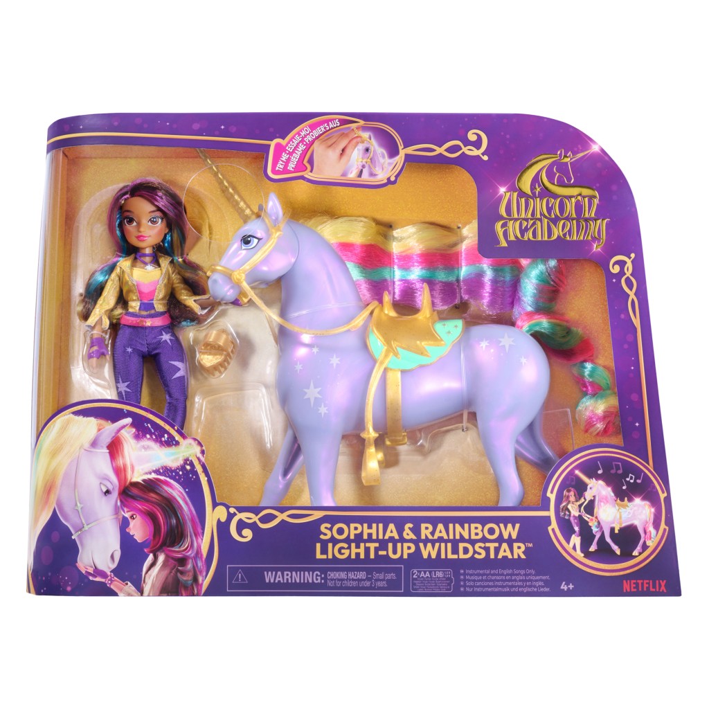 Unicorn academy sv�teln� jednoro�ec Wildstar 28 cm s panenkou Sophi� 24 cm